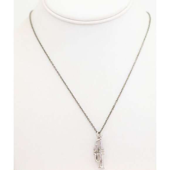 18 inch, Vintage Trumpet Musical Instrument Silver Tone Necklace - C1 - Picture 2 of 3